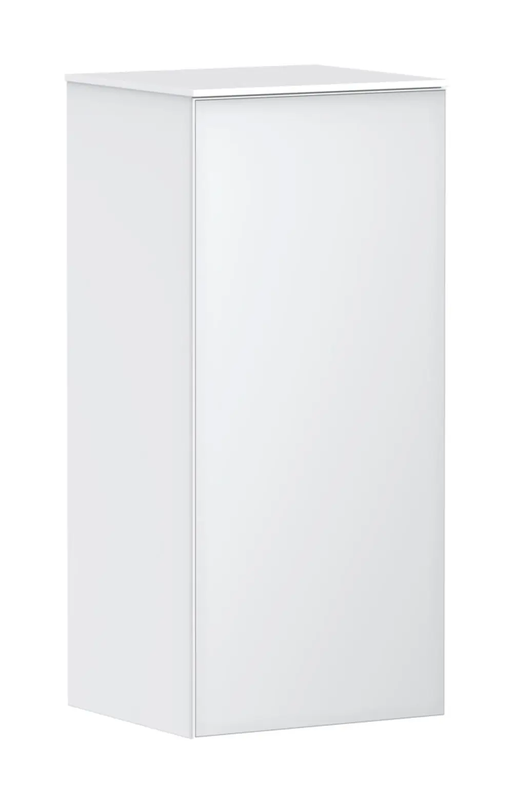 Hansgrohe-Möbelstück in Mattweiß, kompakte Form mit einer Tür, die links angeschlagen ist, geeignet für Badezimmer oder Wohnräume zur Aufbewahrung.